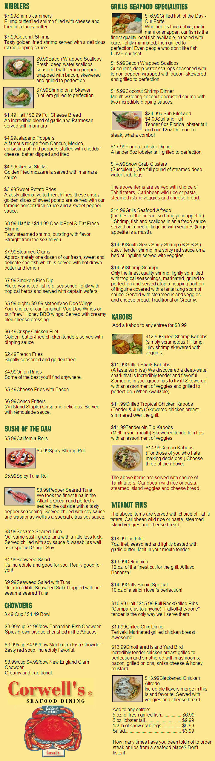 Corwell's Seafood Dining - Seafood Menu
